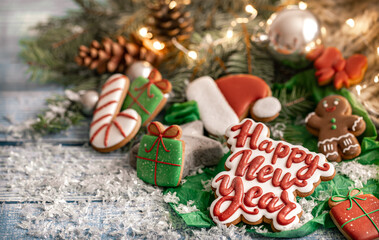 Gingerbread Christmas cookies decorated with glaze with the inscription Happy New Year close up.