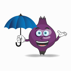 Purple Onion mascot character holding an umbrella. vector illustration