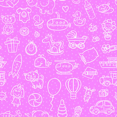 Vector outline seamless pattern for girl with toys