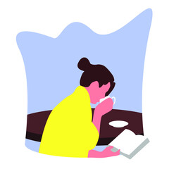 A woman drinking coffee while reading a book novel in the morning flat illustration