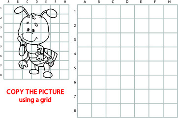 illustration of grid copy puzzle with happy cartoon ant for children