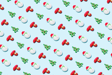 Flat lay minimal style. Christmas decoration with frame. Holidays theme photo.