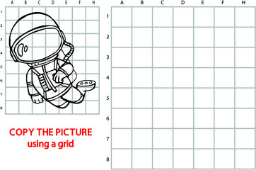 Vector illustration of grid copy puzzle with happy cartoon astronaut for children