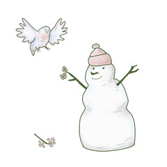 Snowman and a bird, digital illustration, isolated on a white background