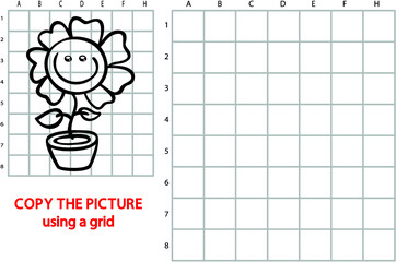 Vector illustration of grid copy puzzle with happy cartoon character for children