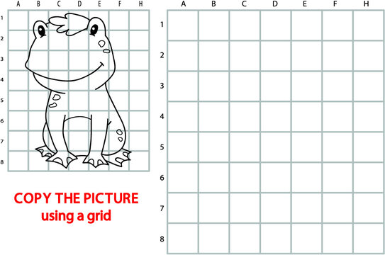 Vector illustration of grid copy puzzle with happy cartoon character for children