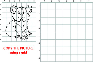 Vector illustration of grid copy puzzle with happy cartoon character for children