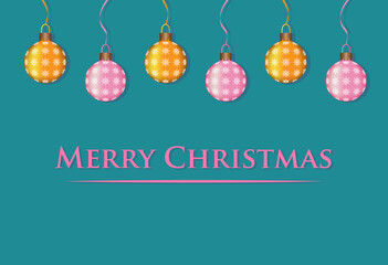 Christmas lettering with pink and orange balls on dark background. vector. banner