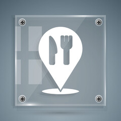 White Cafe and restaurant location icon isolated on grey background. Fork and spoon eatery sign inside pinpoint. Square glass panels. Vector..