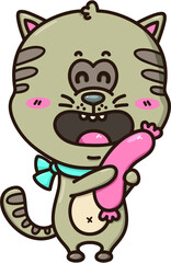 Vector illustration of happy cartoon cat with sausage