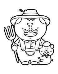 Vector illustration coloring page of happy cartoon friendly Farmer holding a pitchfork for children and scrap book