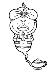  Vector illustration coloring page of happy cartoon Genie and his magic lamp for children and scrap book