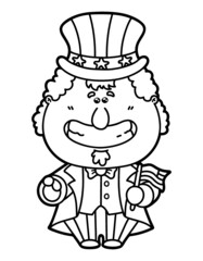 Vector illustration coloring page of happy cartoon Uncle Sam which is holding American flag for children and scrap book
