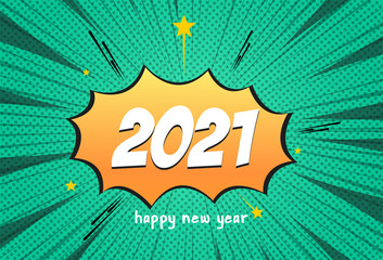 happy new year 2021, comic background, zoom effect, green gradient, background illustration, eps 10