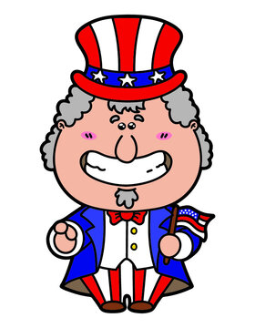 Vector illustration of kawaii Uncle Sam which is holding american flag