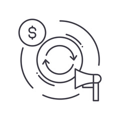 Marketing mix icon, linear isolated illustration, thin line vector, web design sign, outline concept symbol with editable stroke on white background.