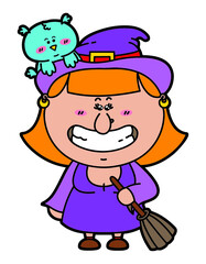 Vector illustration of kawaii Witch with broomstick in hand and with an owl on her hat