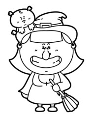 Vector illustration coloring page of happy cartoon Witch with broomstick for children and scrap book