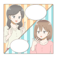 マンガ風の吹き出しで会話する女性