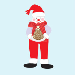 Cute stylish cartoon snowman with a christmas cake vector illustration