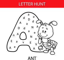 Vector illustration of printable kids alphabet worksheets educational game Letter hunt  for preschool children practice with cartoon character
