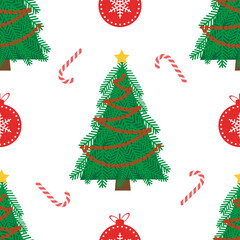 Festive seamless pattern with christmas tree and christmas ornaments and candy vector illustration