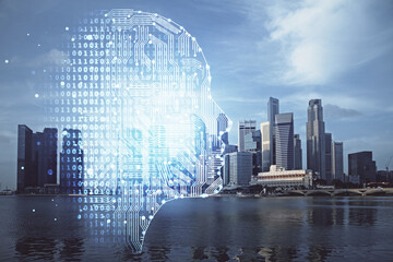 Brain hologram drawing on city scape background Double exposure. Brainstorming concept.