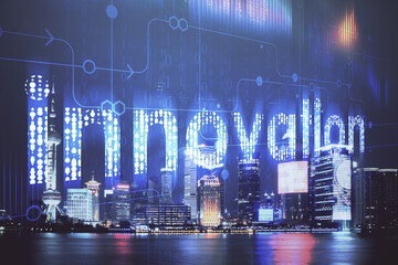 Data theme hologram drawing on city view with skyscrapers background double exposure. Ai concept.