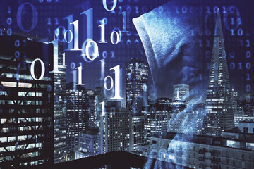 Data theme hologram drawing on city view with skyscrapers background multi exposure. Ai concept.