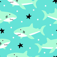 vector seamless background pattern with funny baby sharks for fabric, textile
