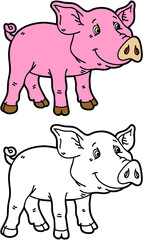 Vector illustration coloring page of happy cartoon pig for children and scrap book
