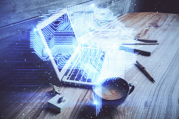 Double exposure of desktop computer and human brain drawing hologram. Ai concept.