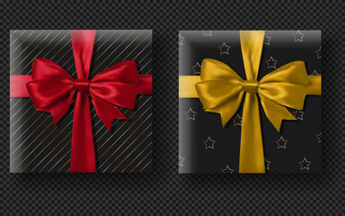 Set Black gift box with yellow and red bow vector illustration