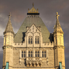 Fototapeta premium London England, detail of the front of Tower bridge under impressive sky