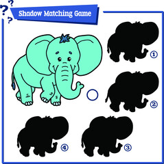 Vector illustration of shadow matching game with happy cartoon elephant for children