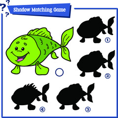 Vector illustration of shadow matching game with happy cartoon fish for children