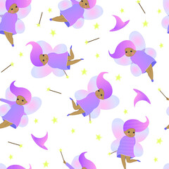 vector seamless pattern pink fairies with magic wand on white background with stars
