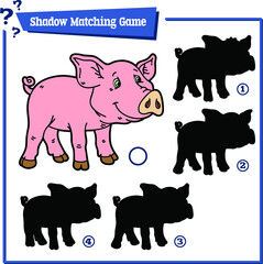 Vector illustration of shadow matching game with happy cartoon piggy  for children