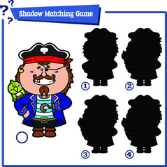 Vector illustration of shadow matching game with happy cartoon pirate  for children