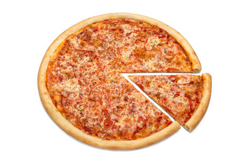 Fresh italian classic pizza, slice of pizza, isolated on white background. Advertising flyer or poster for the pizzeria menu.
