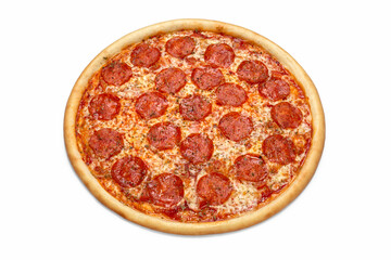Photo of  whole Italian pizza for use in advertising  pizzeria, restaurant menu. Copy space for promo text.