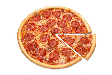 Concept for advertising flyer, poster, menu with pepperoni pizza. Slice of pizza top view, copy space, isolated.