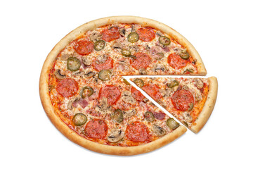 Photo of a whole Italian pizza and a cut slice for use in advertising a pizzeria, restaurant menu. Copy space for promo text.