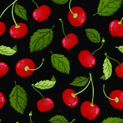 vector calm seamless background patterns in retro style, yummy cherry berries and elements fot fabric design, wrapping paper, background