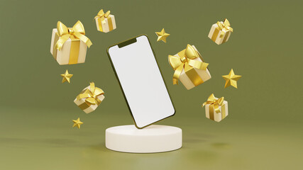 Realistic gift boxes with smartphone and gold decoration. 3d rendering.