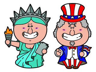 vector illustration of kawaii Uncle Sam and Statue of Liberty - symbols of USA