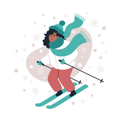 Woman skiing in winter, vector illustration in flat style