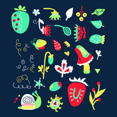 Vector set of abstract plants and strawberries