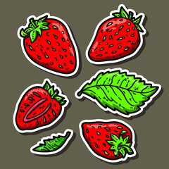 Fototapeta na wymiar Vector stickers set of cute hand drawn strawberry