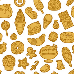 Vector doodle seamless pattern with sweets for wallpaper, web page background, surface textures, textile, scrap book, design fabric, menu